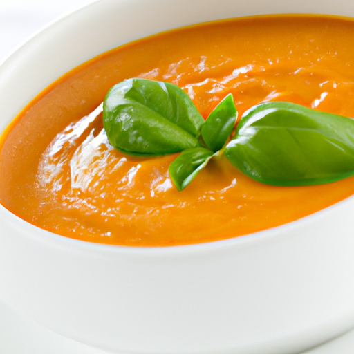 Creamy tomato basil soup garnished with fresh basil leaves, served in a white bowl.