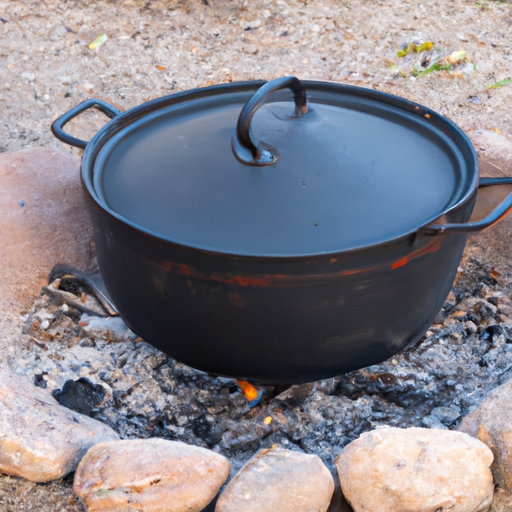 A cast iron Dutch oven placed on a campfire, ready for outdoor cooking.